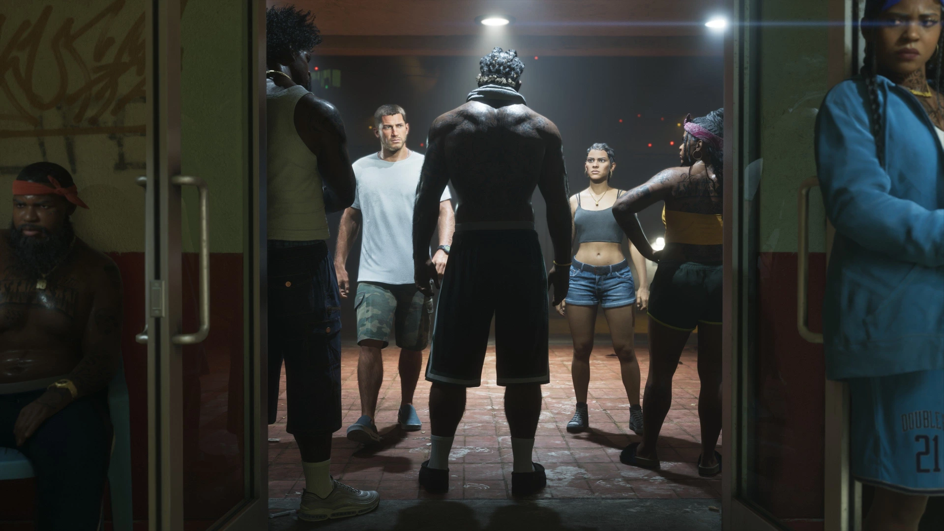 Groupe de personnages face à face dans l'arrière-salle d'un club de Vice City dans GTA 6