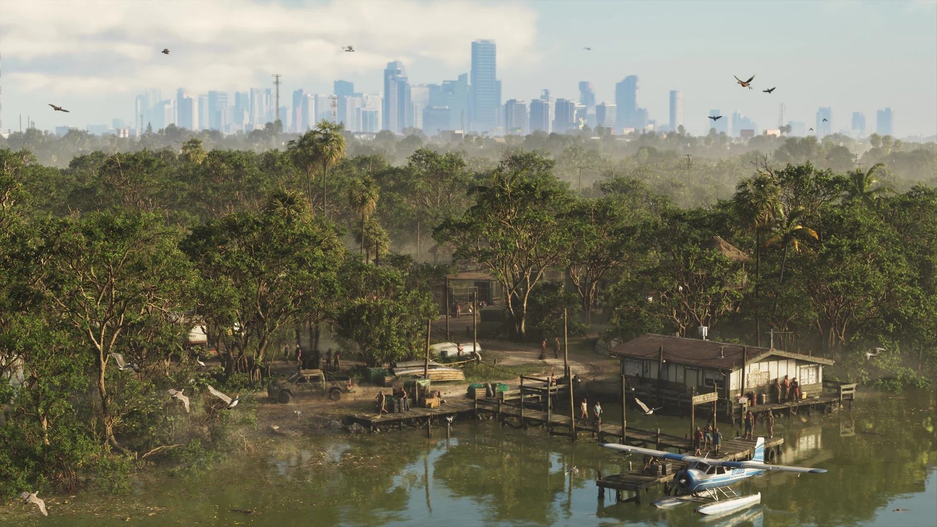 Marais de l'État de Leonida, cabane sur pilotis et hydravion amarré, skyline de Vice City à l'horizon dans GTA 6
